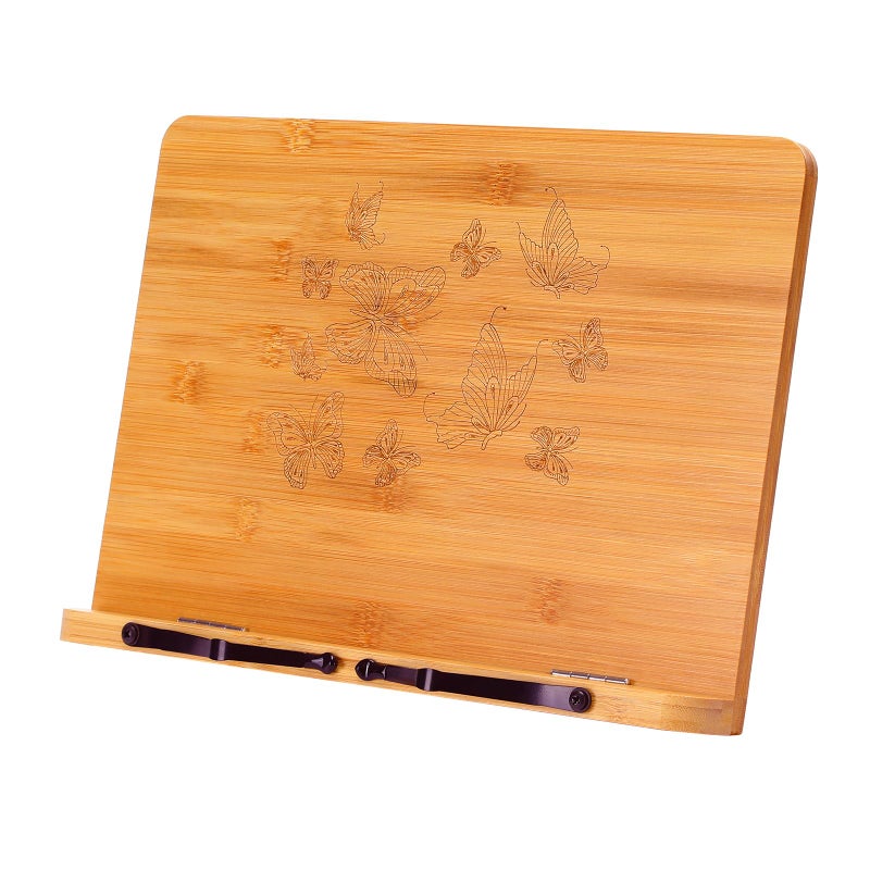 MEGREZ Bamboo Book Stand 11 x 8.0 inch, Foldable Cookbook Holder with 6 Adjustable Height, Reading Book Holder for Recipe, Music Book, Textbook, Tablet Stand, Tree and Giraffe - Image 1